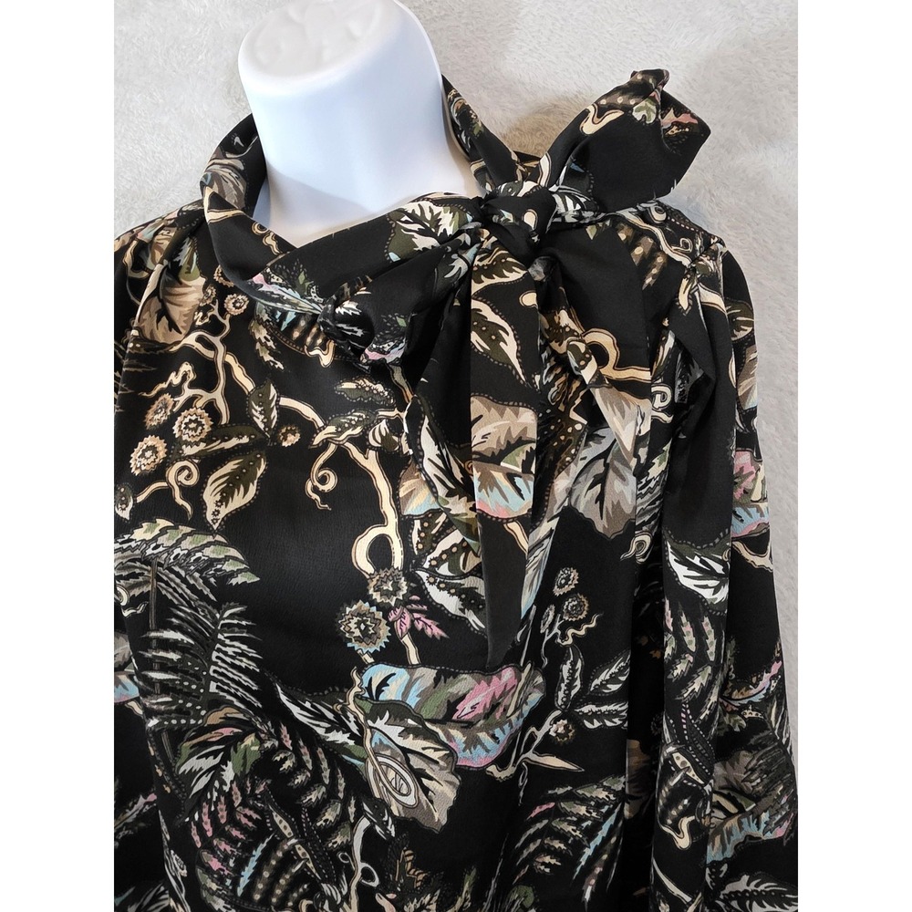 EUC Banana Republic Blouse Women Large Black Floral Tie Neck Office Contemporary - Picture 7 of 13